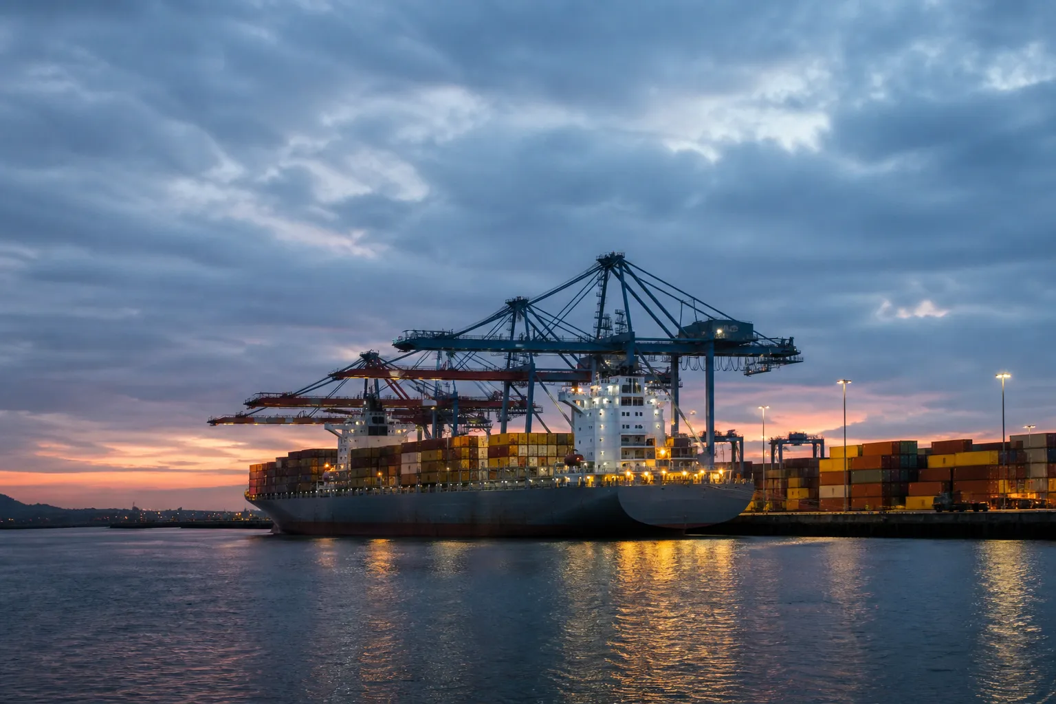 A loaded container ship berthed under ship-to-shore gantry cranes at a working port at dusk